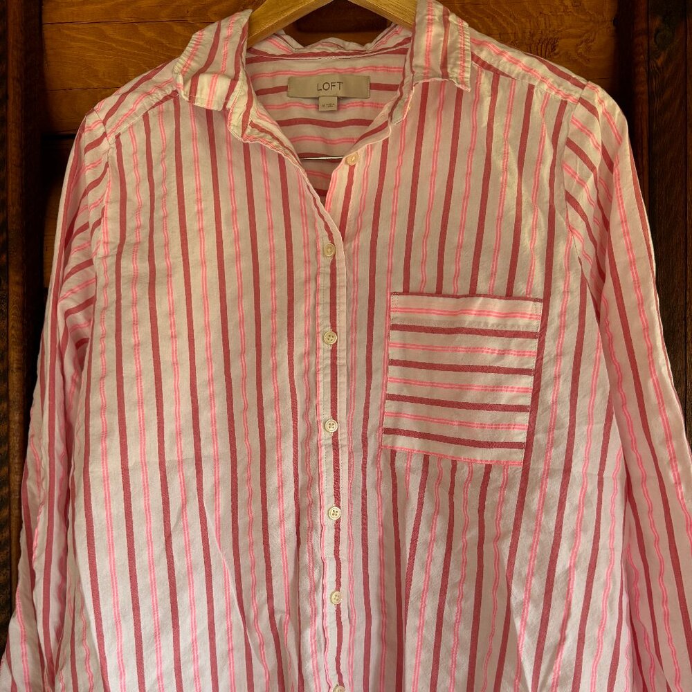 LOFT White Button Down Shirt with Neon Pink Stripes Size M